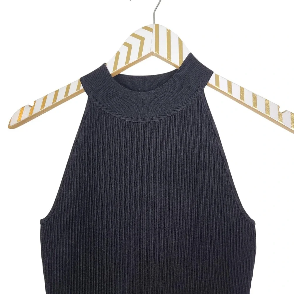 QUINCE Mockneck Halter Ribbed Knit Sweater Dress Womens XS Black Bodycon Mini‎
